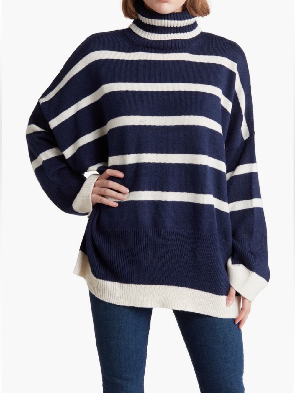 Topshop Oversized Navy and Cream Striped Turtleneck Sweater